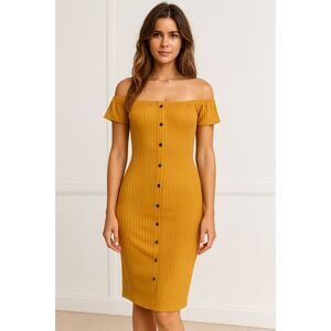 Retro Mustard Ribbed Cap Sleeves Bodycon Midi Preppy Knit Dress Juniors Large